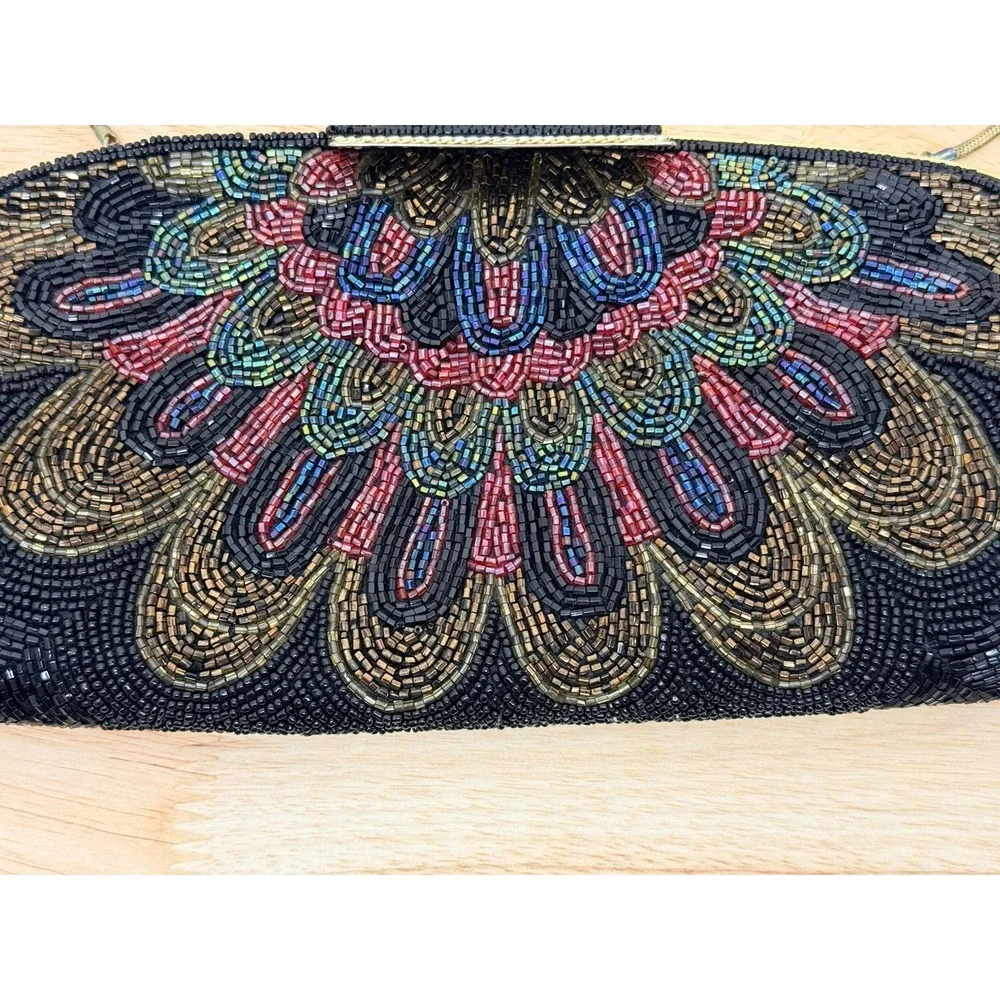 Vintage Beaded Clutch Purse Glass Seed Beads‎ Floral Art Deco Evening Bag #54